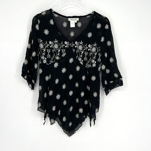 Coldwater Creek Top Women S Black Floral Fairy Y2K Whimsigoth Peasant Embroidery